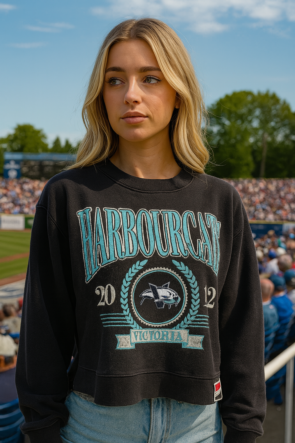 Women's HarbourCats Navy New Era Crewneck, Cropped, Distressed Sweatshirt