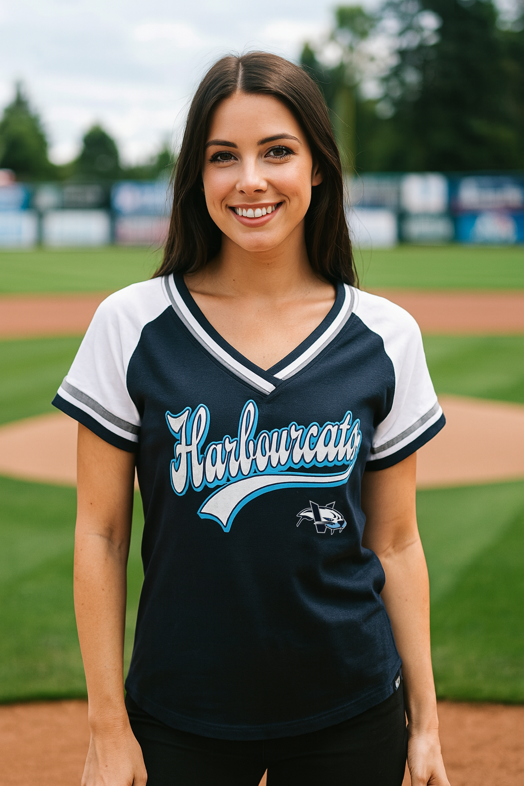 Women's New Era HarbourCats Navy Jersey Double Bound Raglan V-Neck T-Shirt