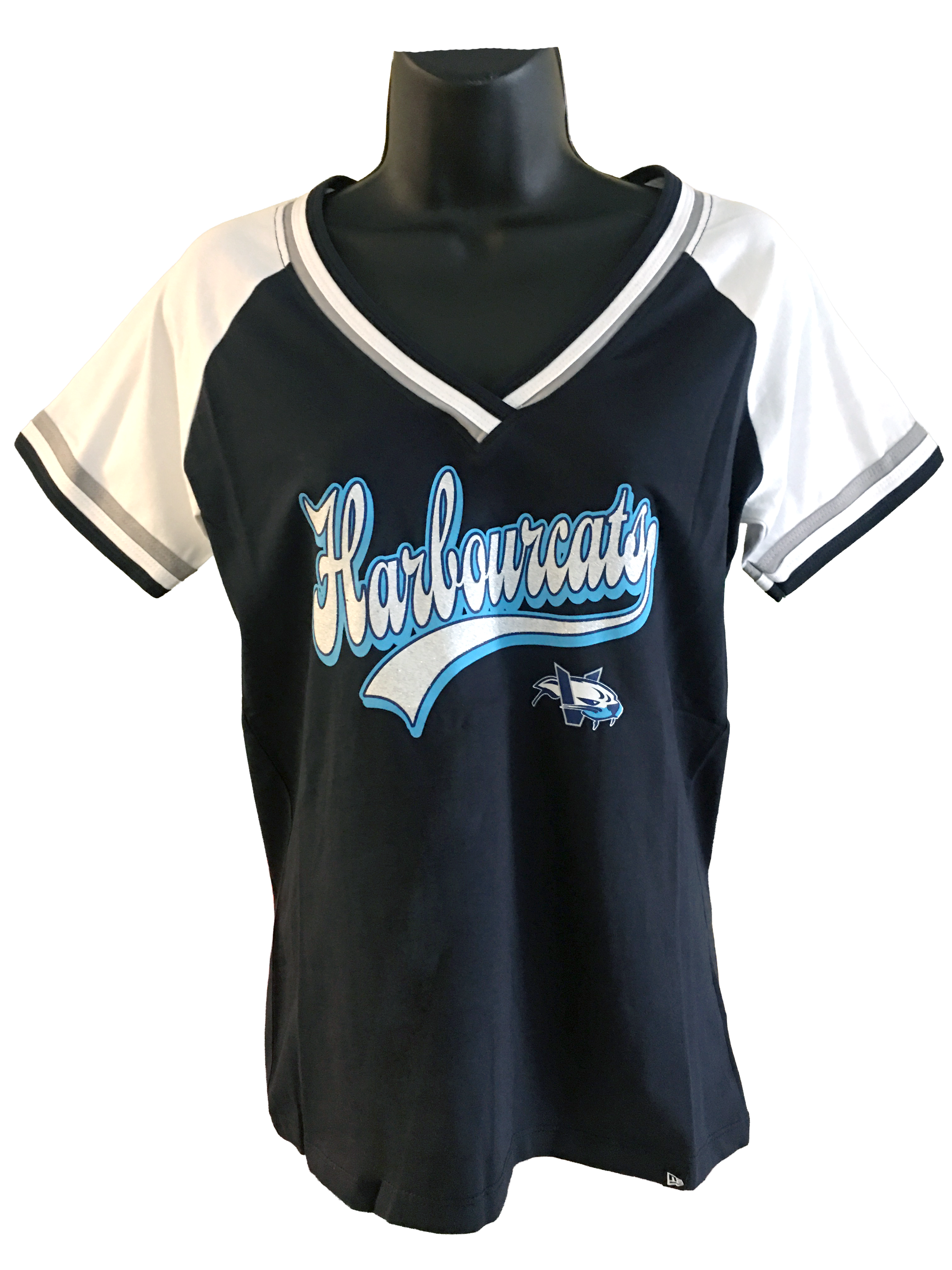 Women's New Era HarbourCats Navy Jersey Double Bound Raglan V-Neck T-Shirt
