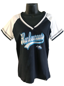 Women's New Era HarbourCats Navy Jersey Double Bound Raglan V-Neck T-Shirt
