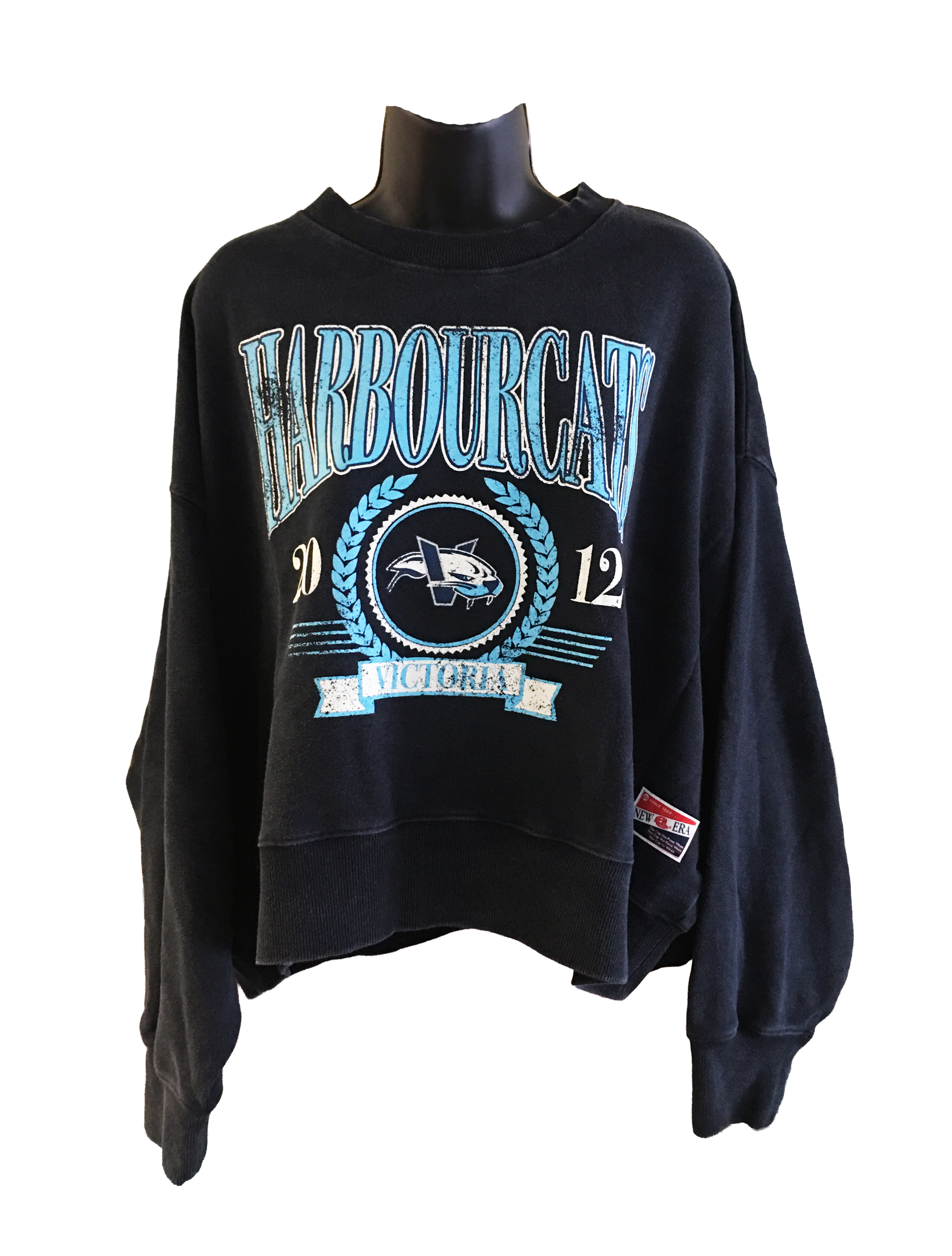 Women's HarbourCats Navy New Era Crewneck, Cropped, Distressed Sweatshirt